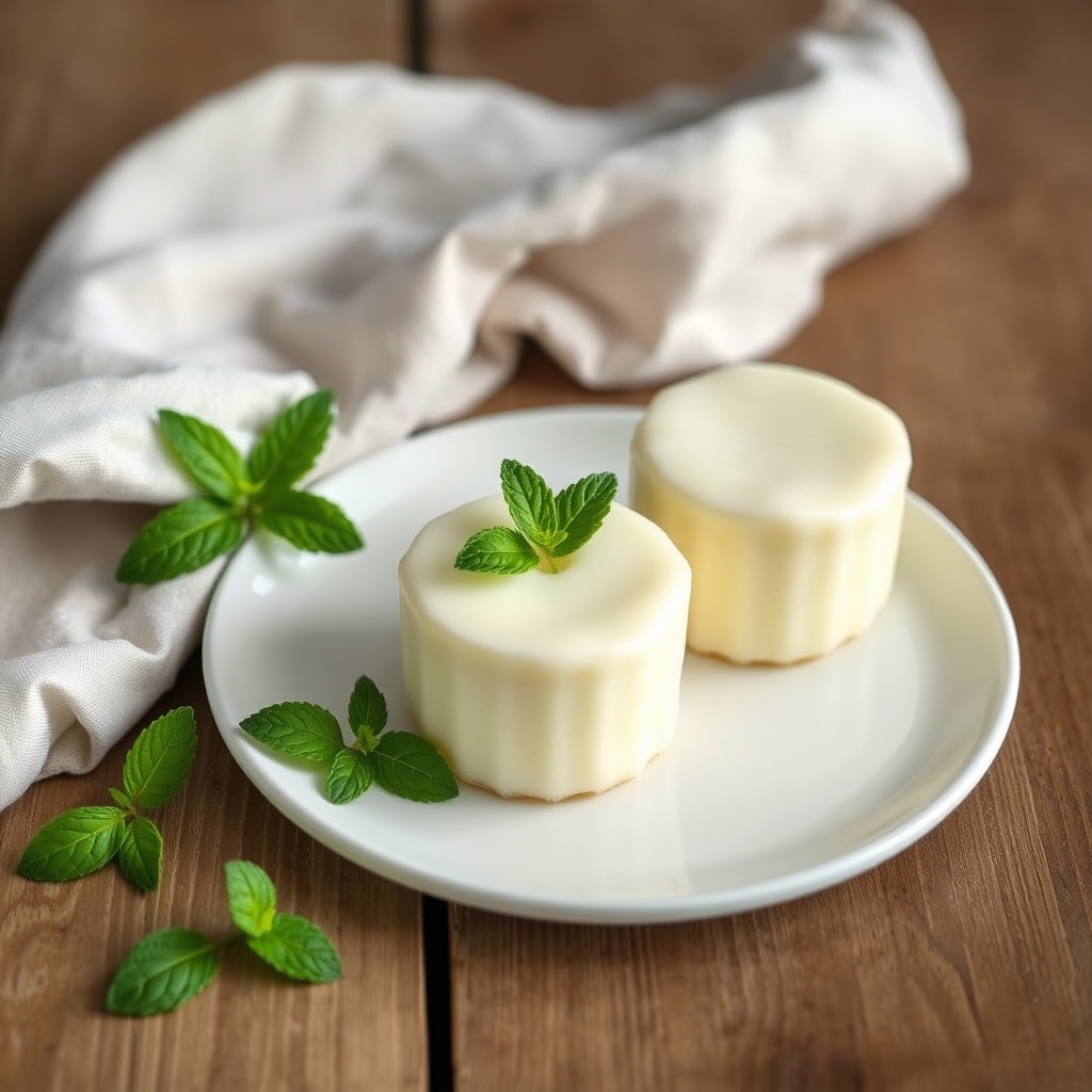 Dois docinhos de coco servidos em prato branco com folhas de hortelã