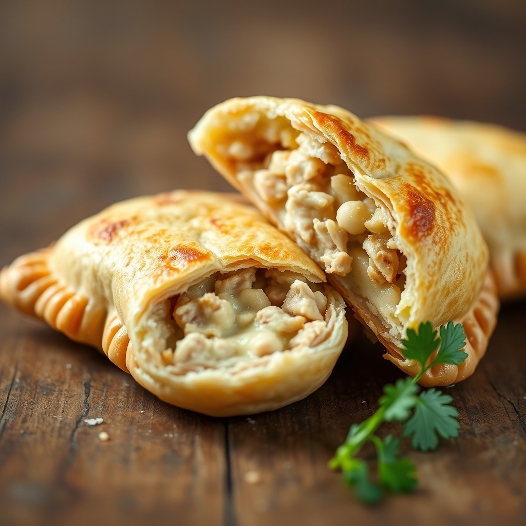 Empadinha low carb partida ao meio, mostrando o recheio de frango e queijo