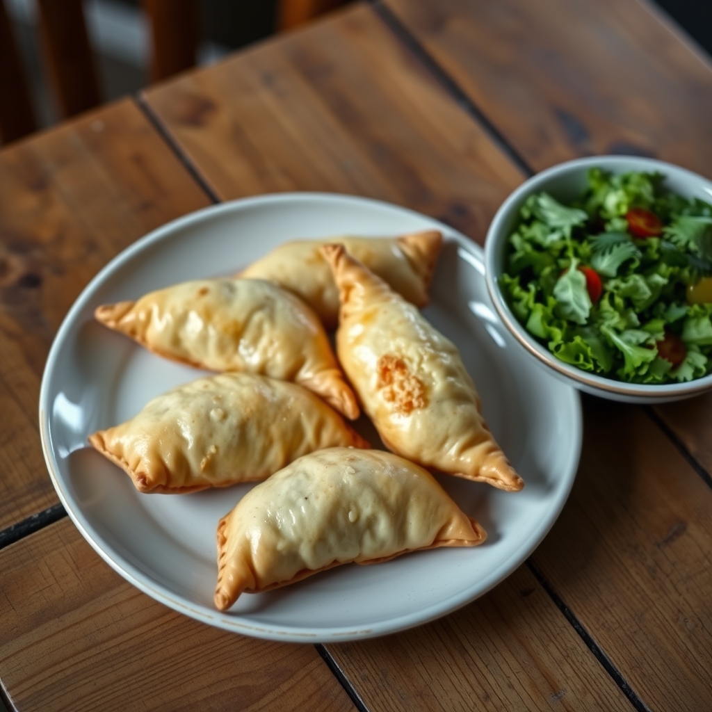 Empadinhas low carb servidas em prato branco ao lado de uma salada verde
