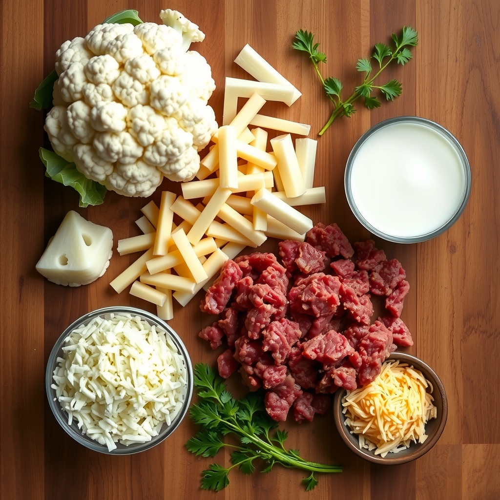 Ingredientes crus do escondidinho de couve-flor organizados sobre bancada: couve-flor, carne moída, queijo e leite