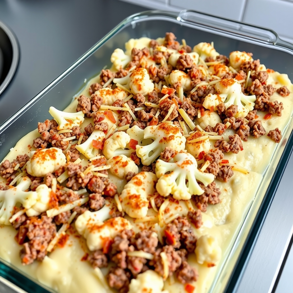 Travessa de vidro montada com purê de couve-flor, recheio de carne e queijo, pronta para ir ao forno