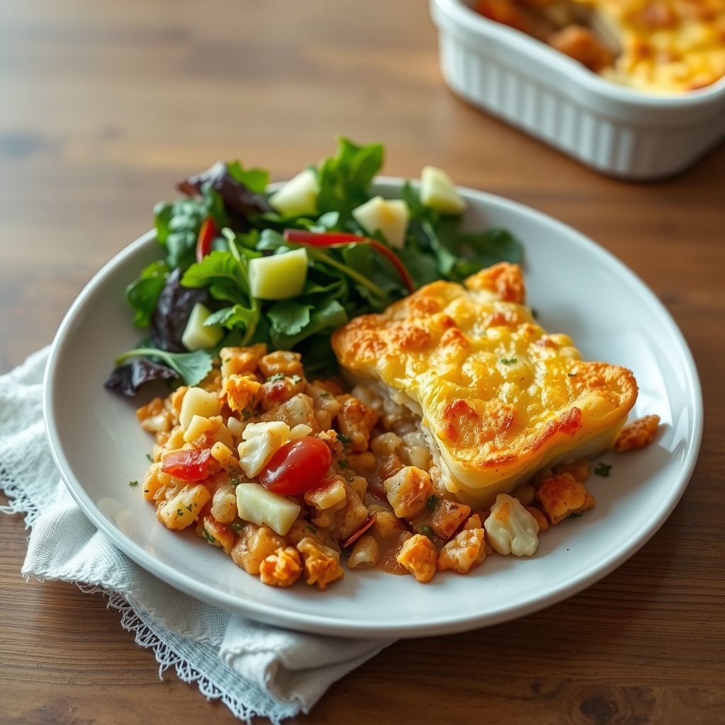 Escondidinho low carb de couve-flor servido em prato com salada de folhas ao lado