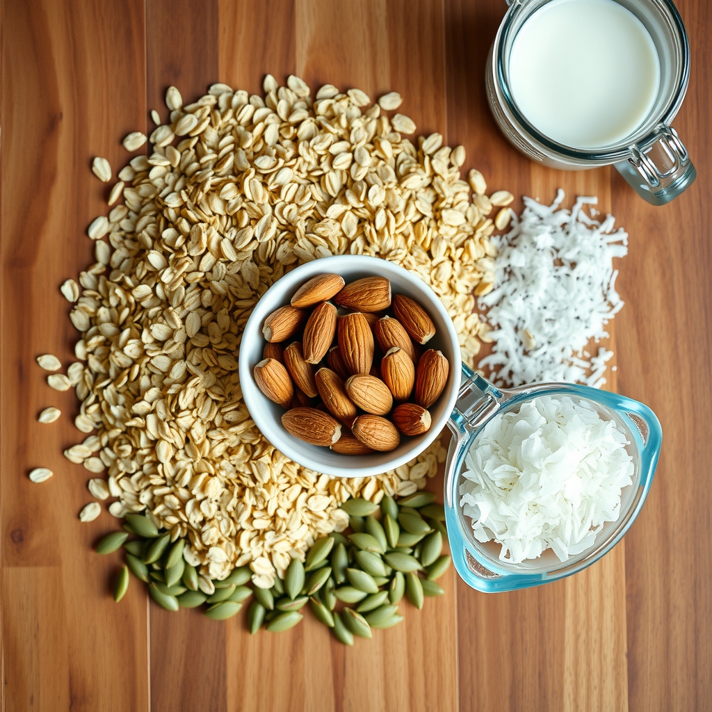 Ingredientes crus da granola organizados sobre a bancada: aveia em flocos, amêndoas, sementes de abóbora, coco ralado e óleo de coco