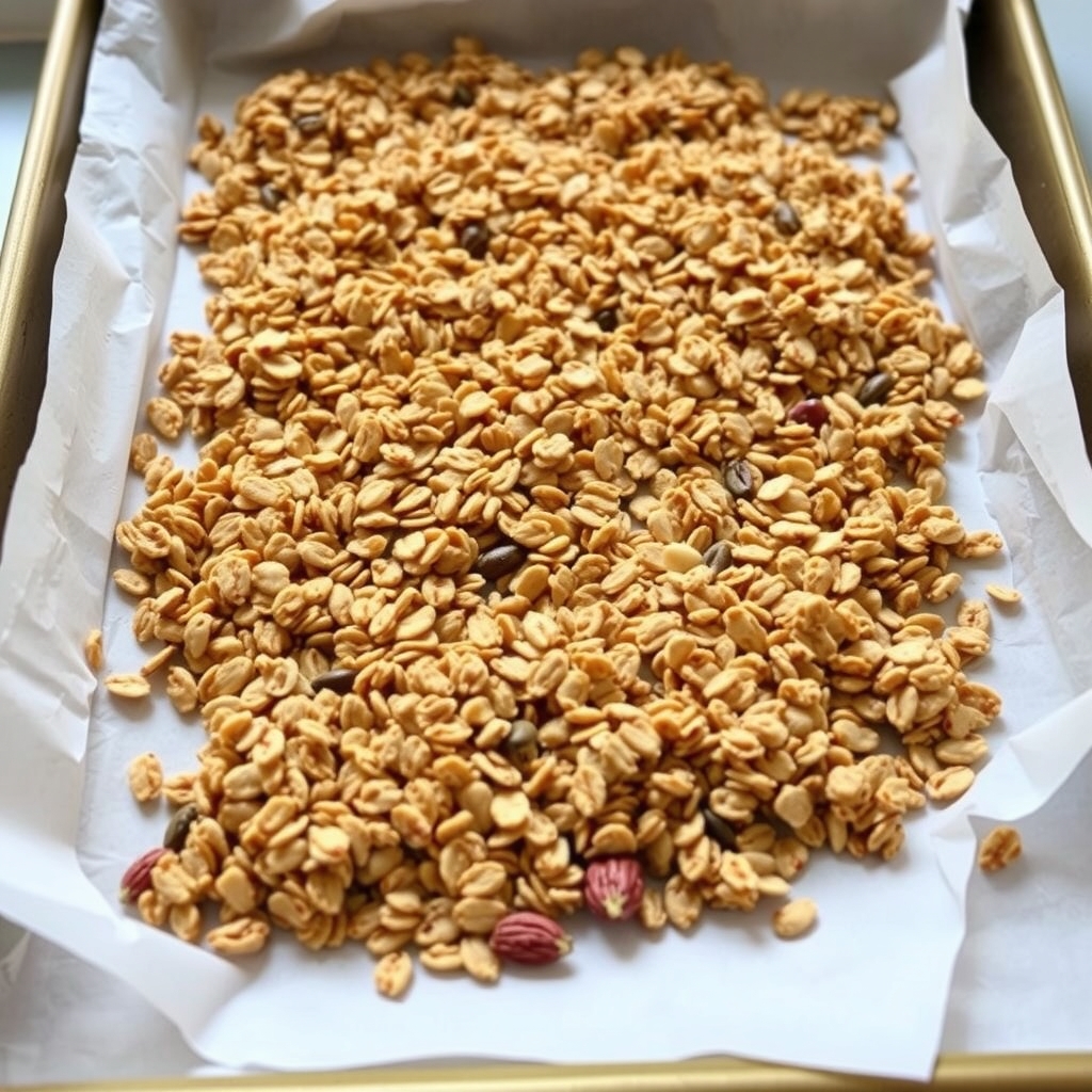 Mistura de granola crua espalhada numa assadeira forrada com papel-manteiga, pronta para ir ao forno