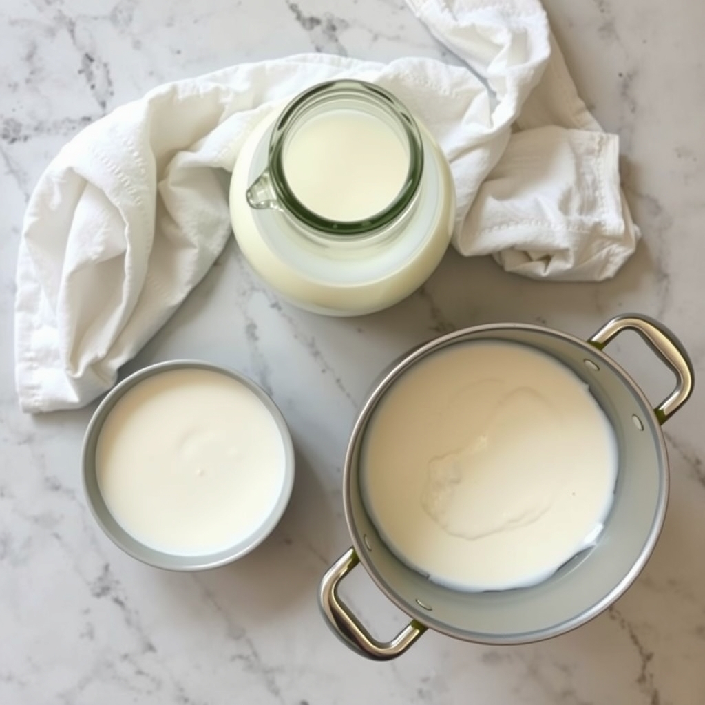 Ingredientes do iogurte grego caseiro: jarra de leite, potinho de iogurte natural e pano de coar sobre a bancada