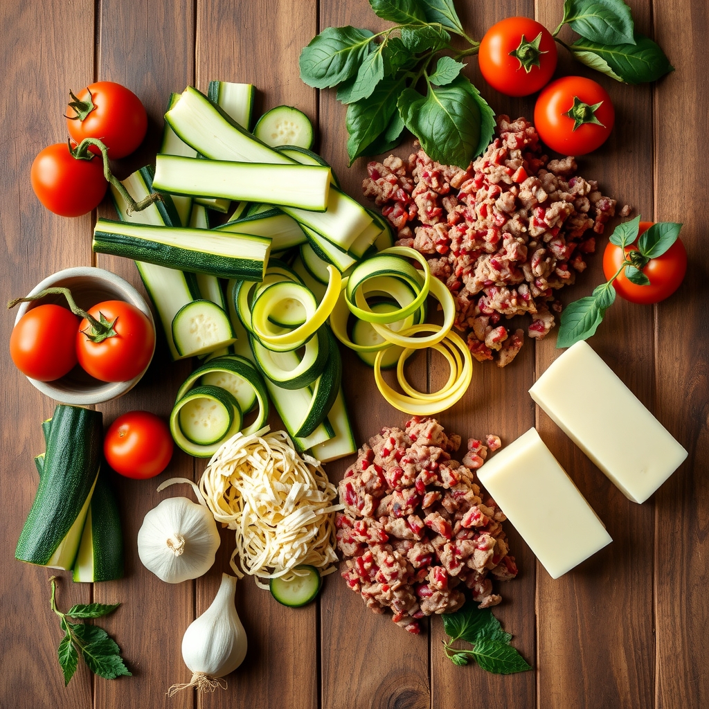 Ingredientes crus da lasanha de abobrinha: fatias de abobrinha, carne moída, tomates, alho, cebola e queijo sobre a bancada