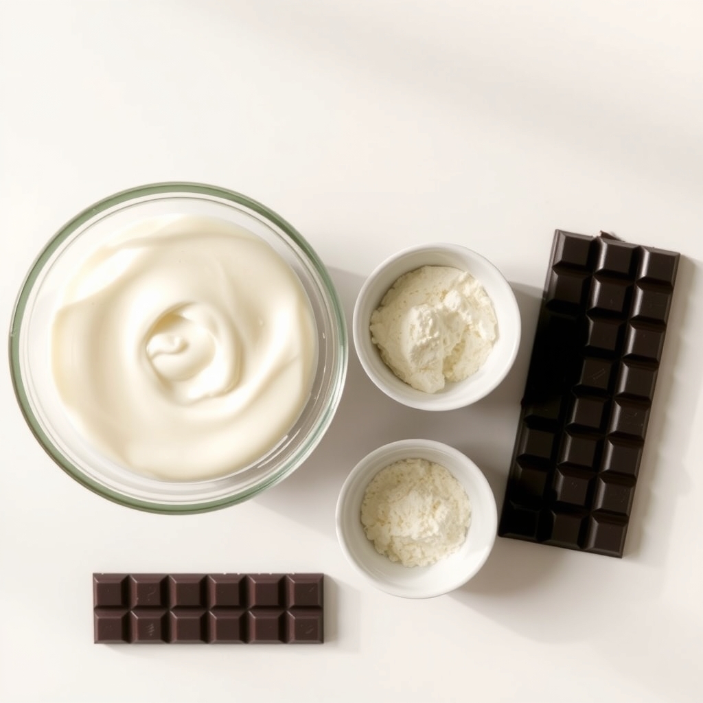 Ingredientes crus sobre a bancada: creme de leite, leite em pó e chocolate meio amargo