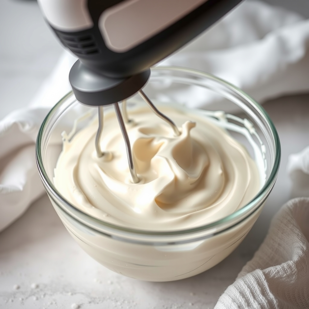 Creme sendo batido na batedeira até ficar cremoso e homogêneo