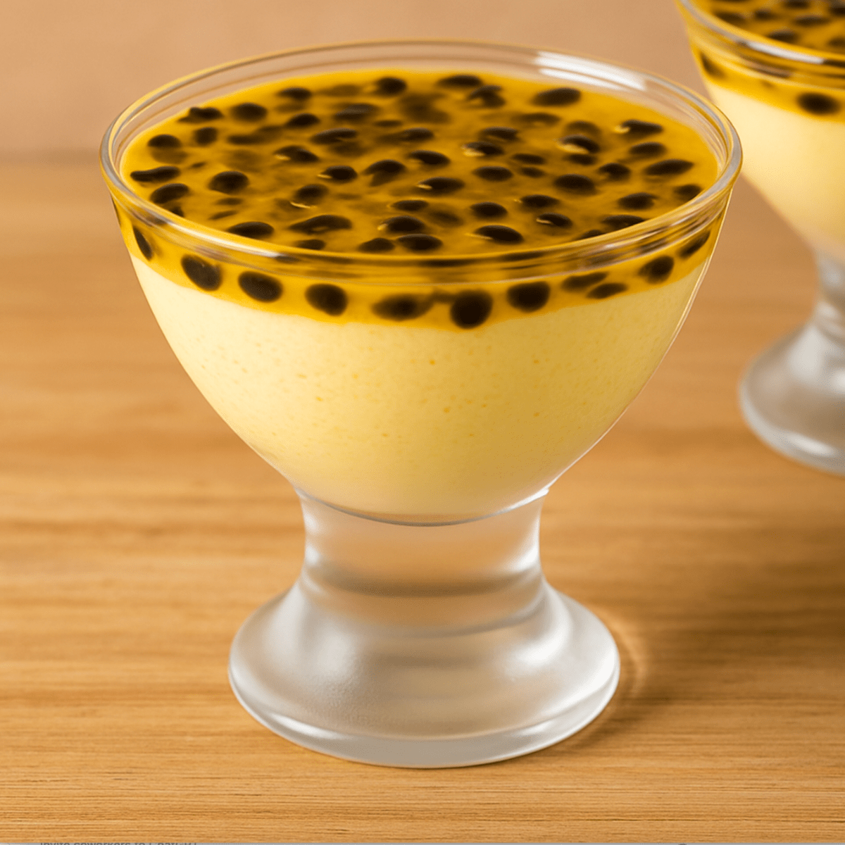 Mousse de maracujá diet servida em taças individuais, com calda e sementes por cima