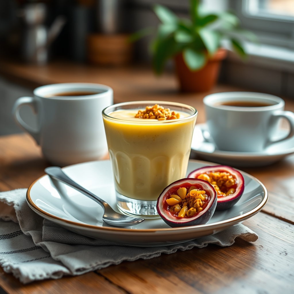 Prato pronto: Mousse de maracujá diet, servido com uma xícara de café