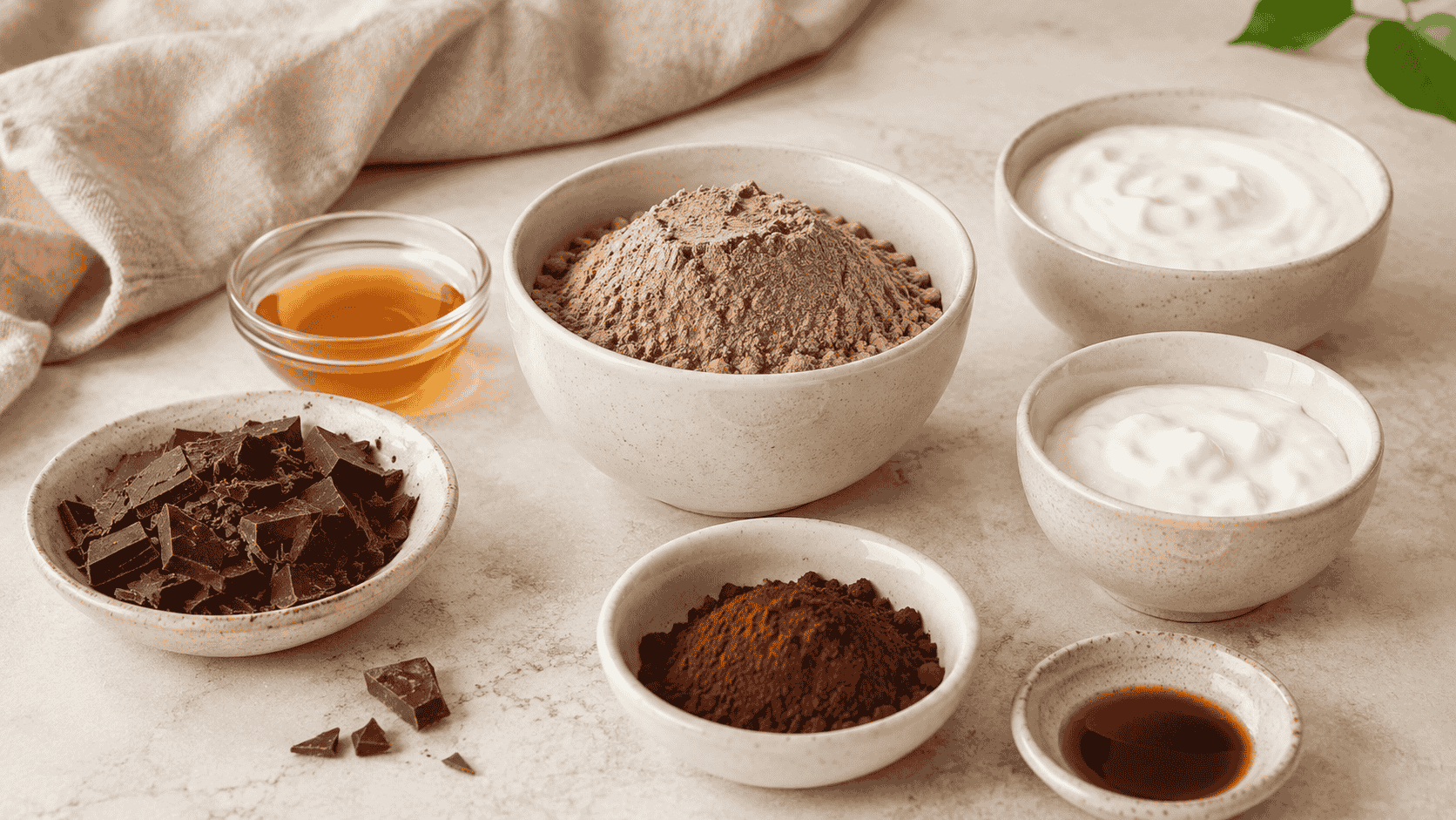 Iogurte, whey protein, cacau em pó, chocolate picado e mel, os ingredientes do mousse proteico