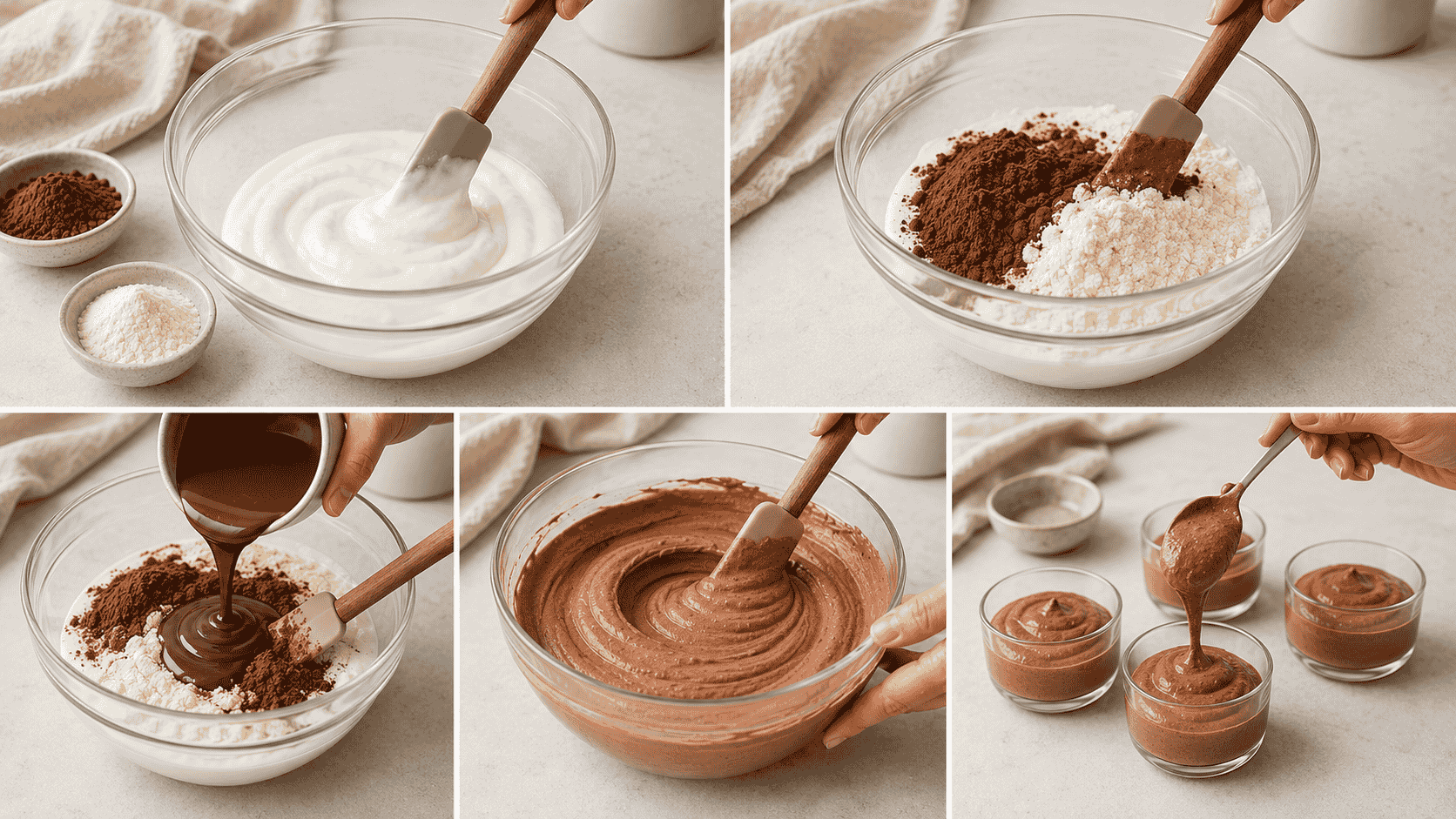 Passo a passo do preparo do mousse proteico de chocolate, da mistura do iogurte até os potinhos