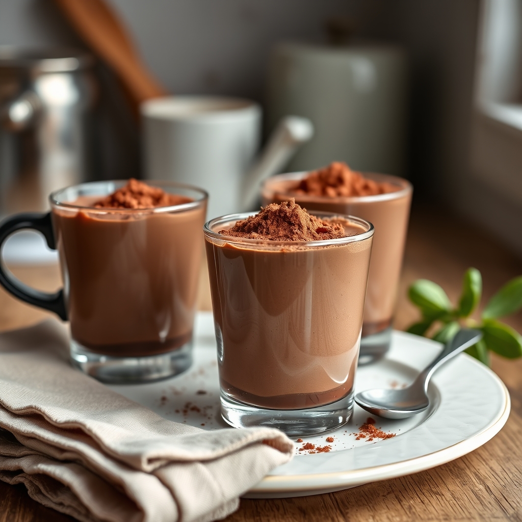 Prato pronto: Mousse proteico de chocolate com whey, servido com uma xícara de café