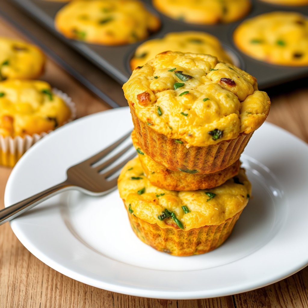 Muffins de abobrinha empilhados num prato branco com um garfo ao lado