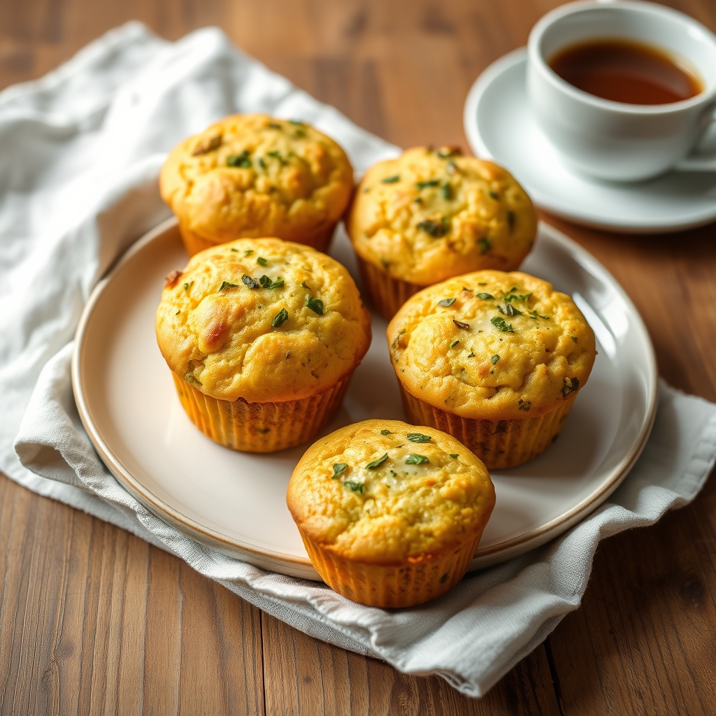Muffins de abobrinha servidos em prato sobre guardanapo, com uma xícara de café ao lado