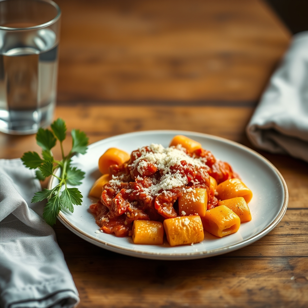 Prato de nhoque de batata-doce com molho de tomate e parmesão ralado ao lado de um copo de água