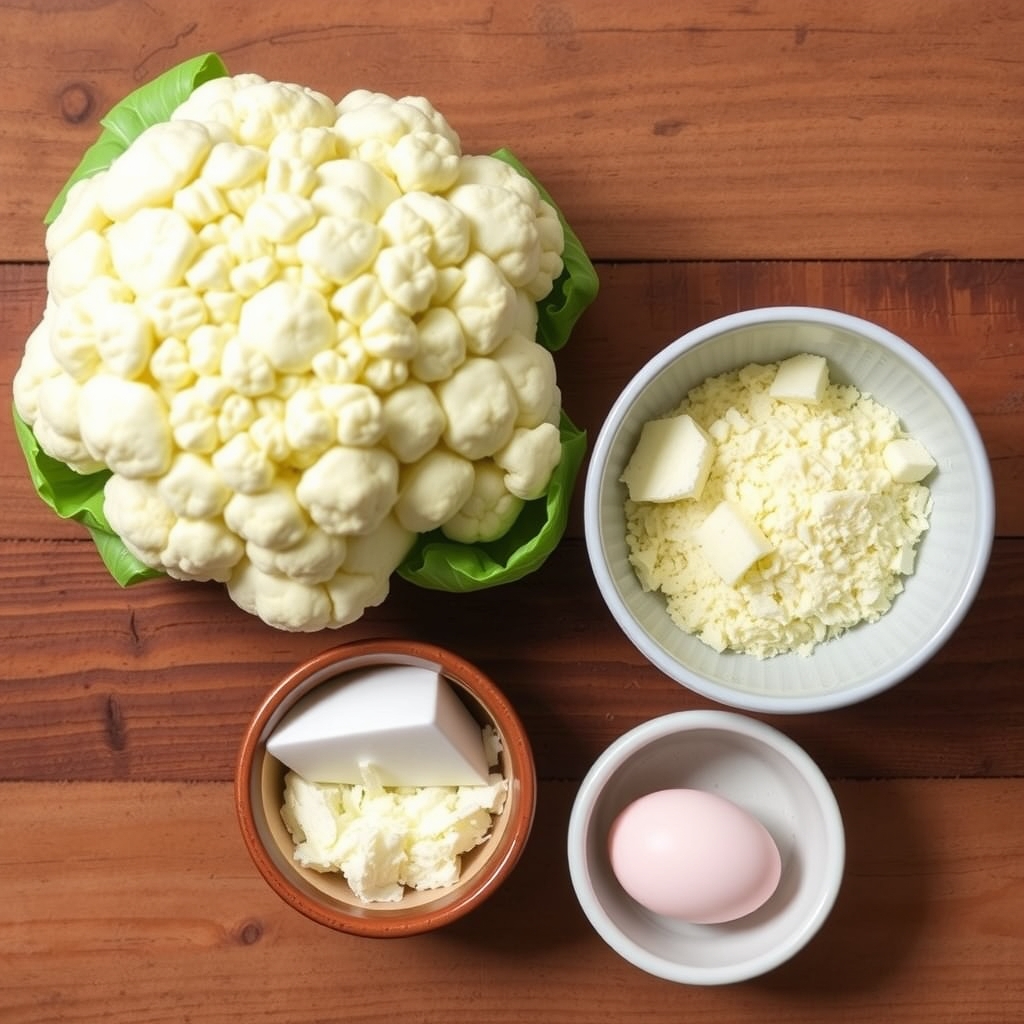 Ingredientes do nhoque de ricota e couve-flor: couve-flor, ricota, parmesão e ovo em tigelas separadas