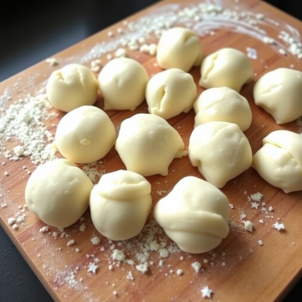 Etapa de preparo: bolinhas de massa de couve-flor e ricota moldadas sobre tábua enfarinhada
