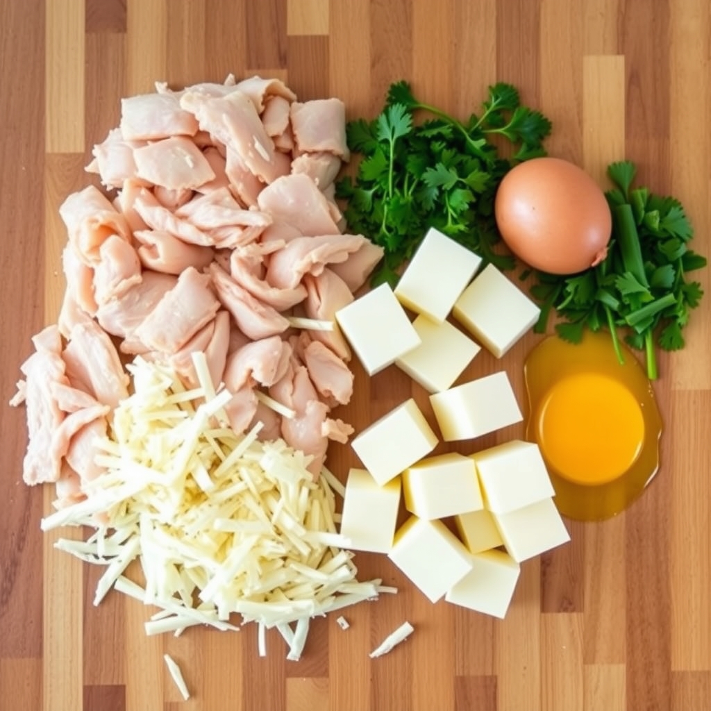Ingredientes crus para os nuggets low carb de frango: frango picado, queijo provolone em cubos, parmesão ralado, ovo e ervas sobre a bancada