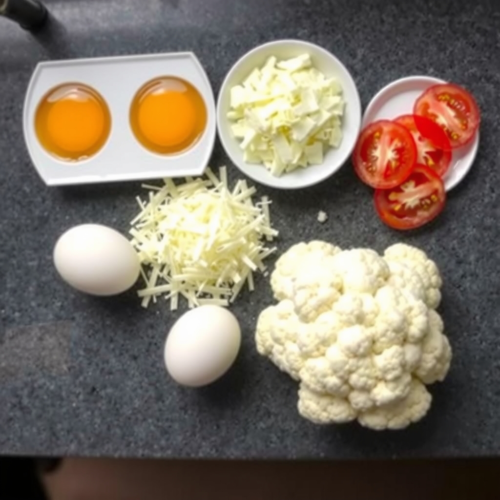 Ingredientes crus da omelete fit: ovos, queijo mussarela ralado, tomate fatiado e um pé de couve-flor sobre a bancada