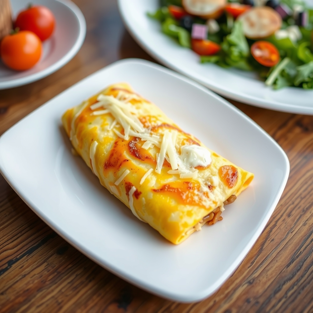Omelete fit dobrada e gratinada servida num prato branco, ao lado de uma salada verde