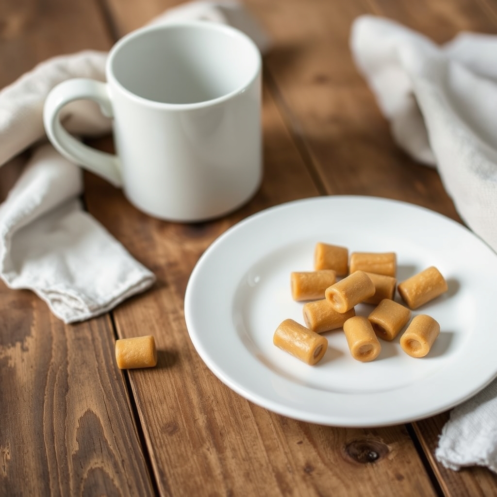 Prato pronto: paçoquinhas saudáveis servidas com uma xícara de café