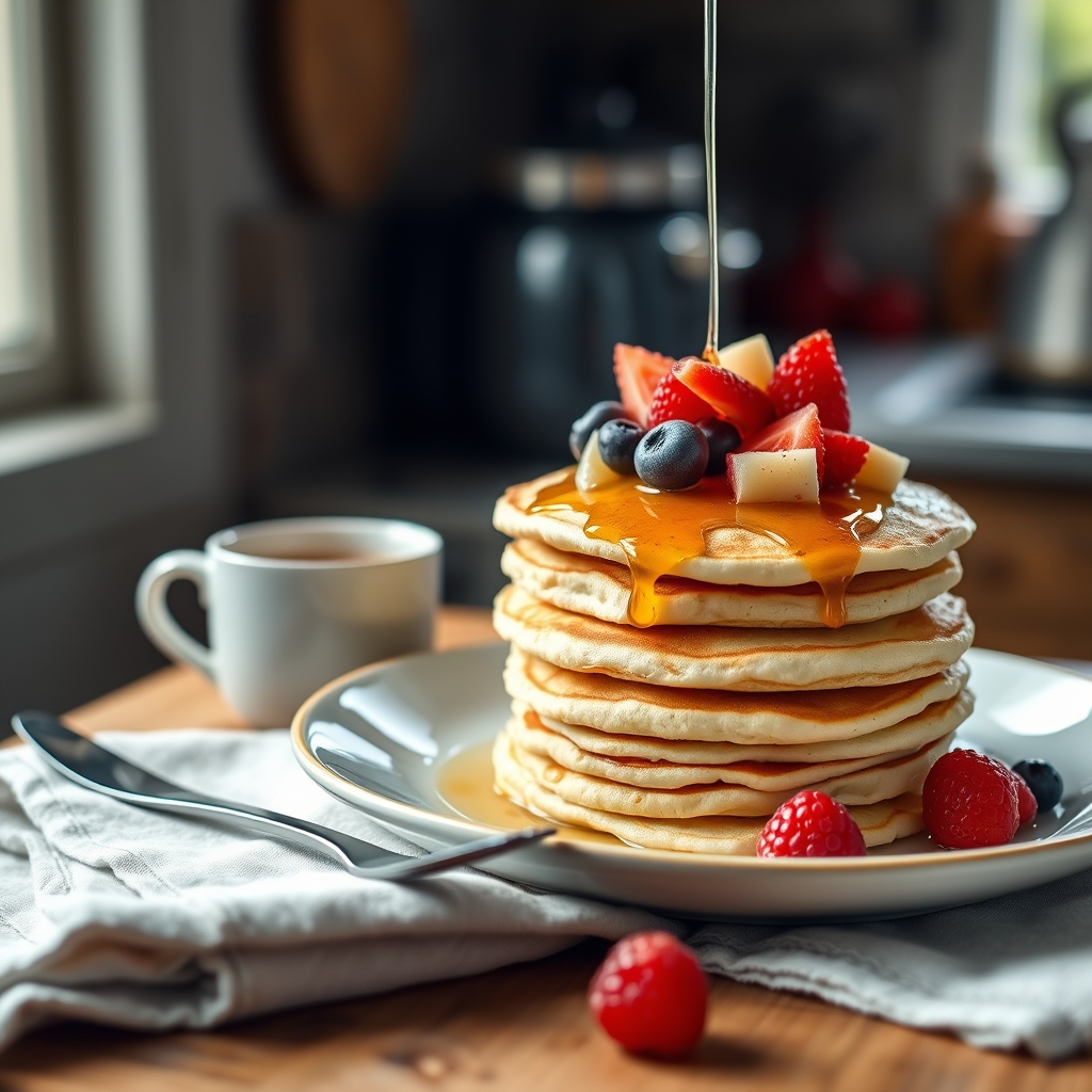 Prato pronto: Panqueca americana fit, servido com uma xícara de café