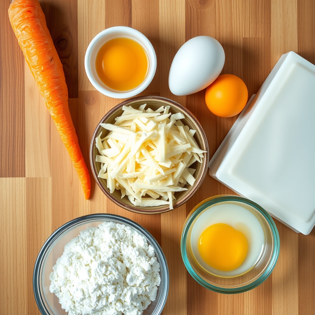 Ingredientes crus da panqueca de cenoura organizados sobre bancada de madeira: cenoura, ovos, queijo ralado e goma de tapioca