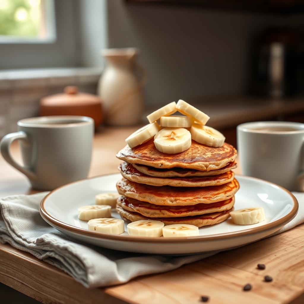 Prato pronto: Panqueca proteica de banana e whey, servido com uma xícara de café