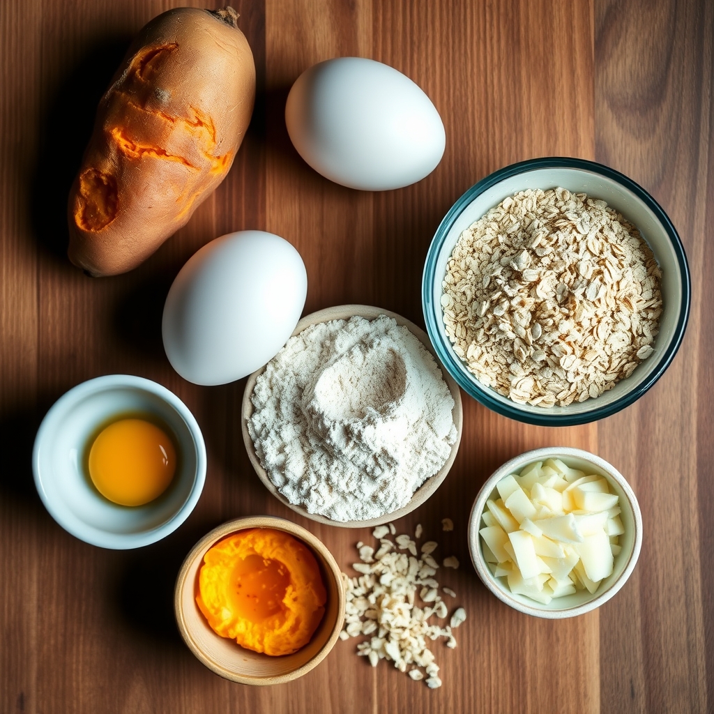 Ingredientes do pão de batata-doce: batata-doce cozida, ovos, aveia, farinha e queijo ralado sobre a bancada