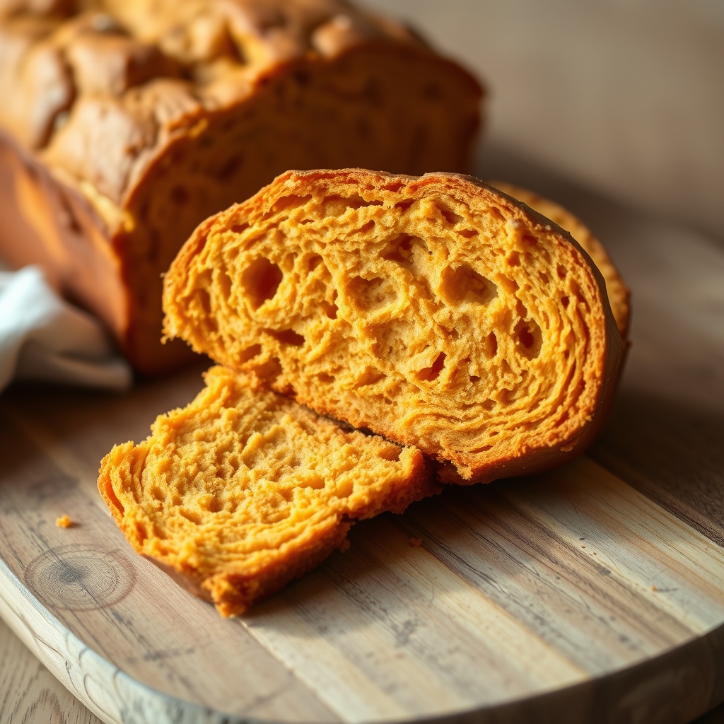 Pão de batata-doce fatiado mostrando o miolo macio e alaranjado sobre uma tábua de madeira