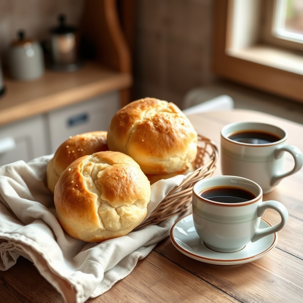 Prato pronto: Pão de queijo low carb, servido com uma xícara de café