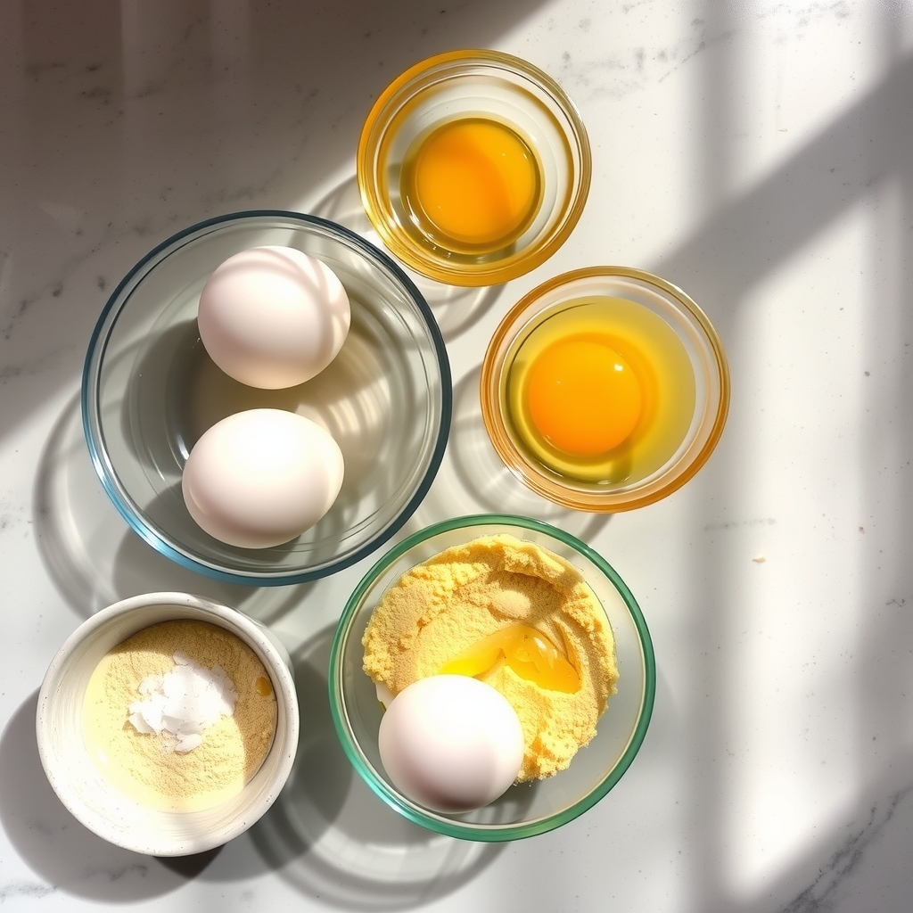 Ingredientes crus organizados sobre a bancada: ovos separados em claras e gemas e fubá