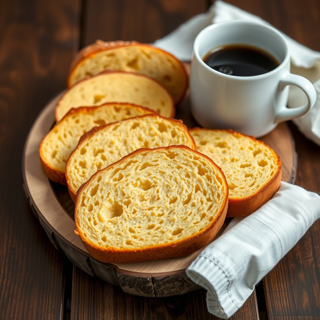 Fatias do pão de fubá servidas numa tábua de madeira com uma xícara de café