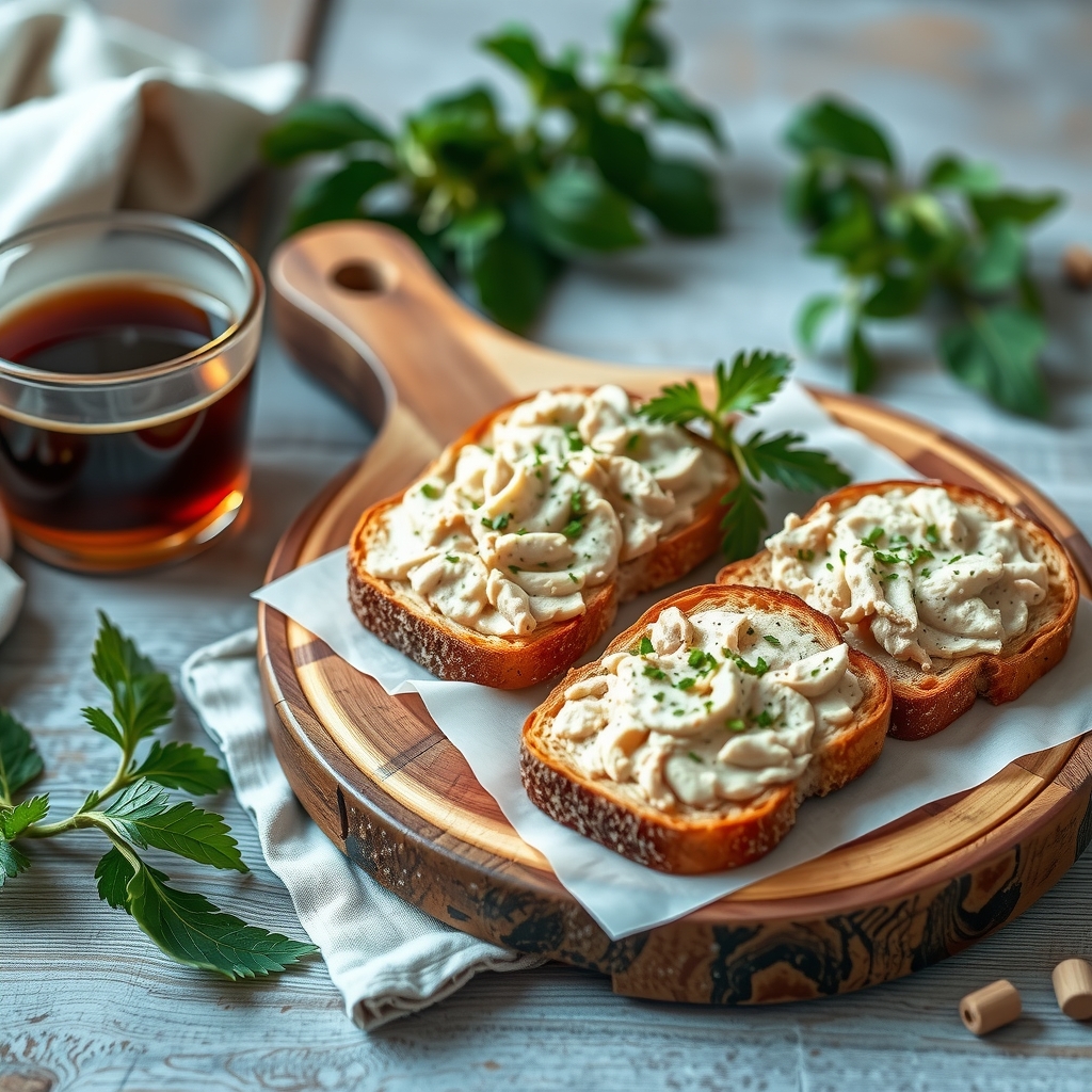 Torradas integrais cobertas com patê de atum fit servidas numa tábua de madeira, com xícara de café ao lado