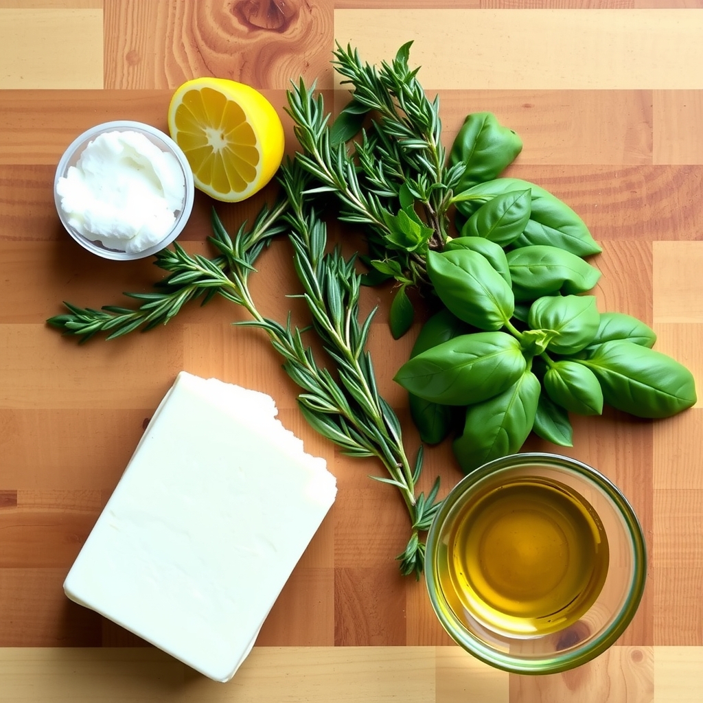 Ingredientes crus organizados sobre bancada de madeira: ricota fresca, alecrim, manjericão, azeite e meio limão