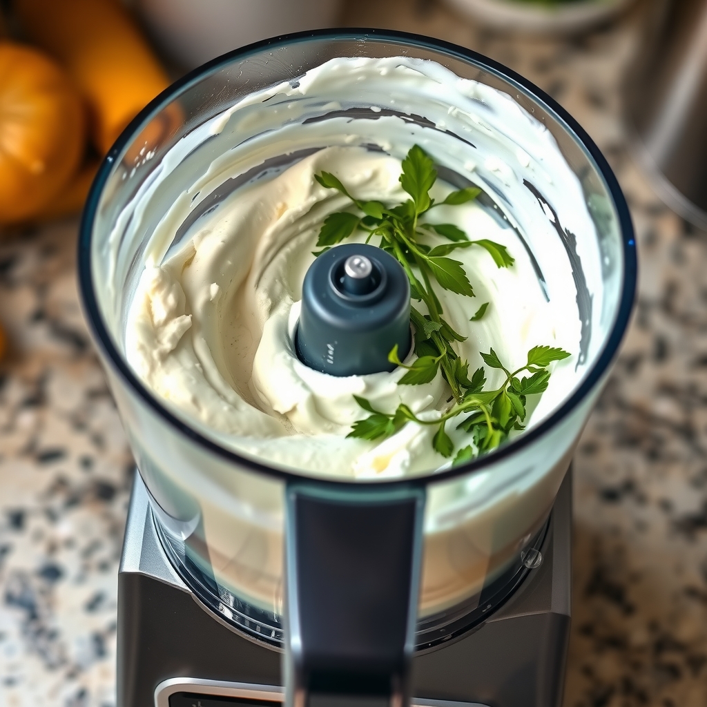Ricota e ervas sendo batidas no processador de alimentos até formar um creme homogêneo