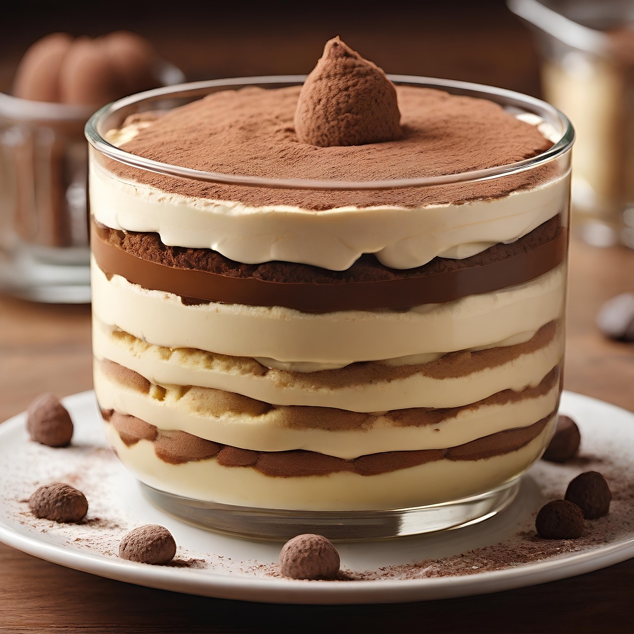 Taça de sobremesa em camadas de biscoito, creme e chocolate, finalizada com cacau em pó