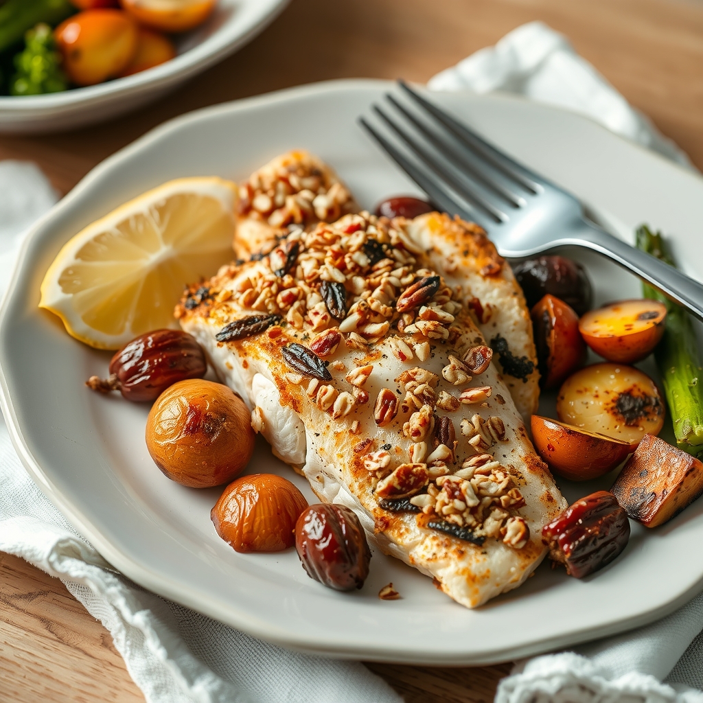 Peixe com crosta de castanhas servido em prato com legumes assados e limão