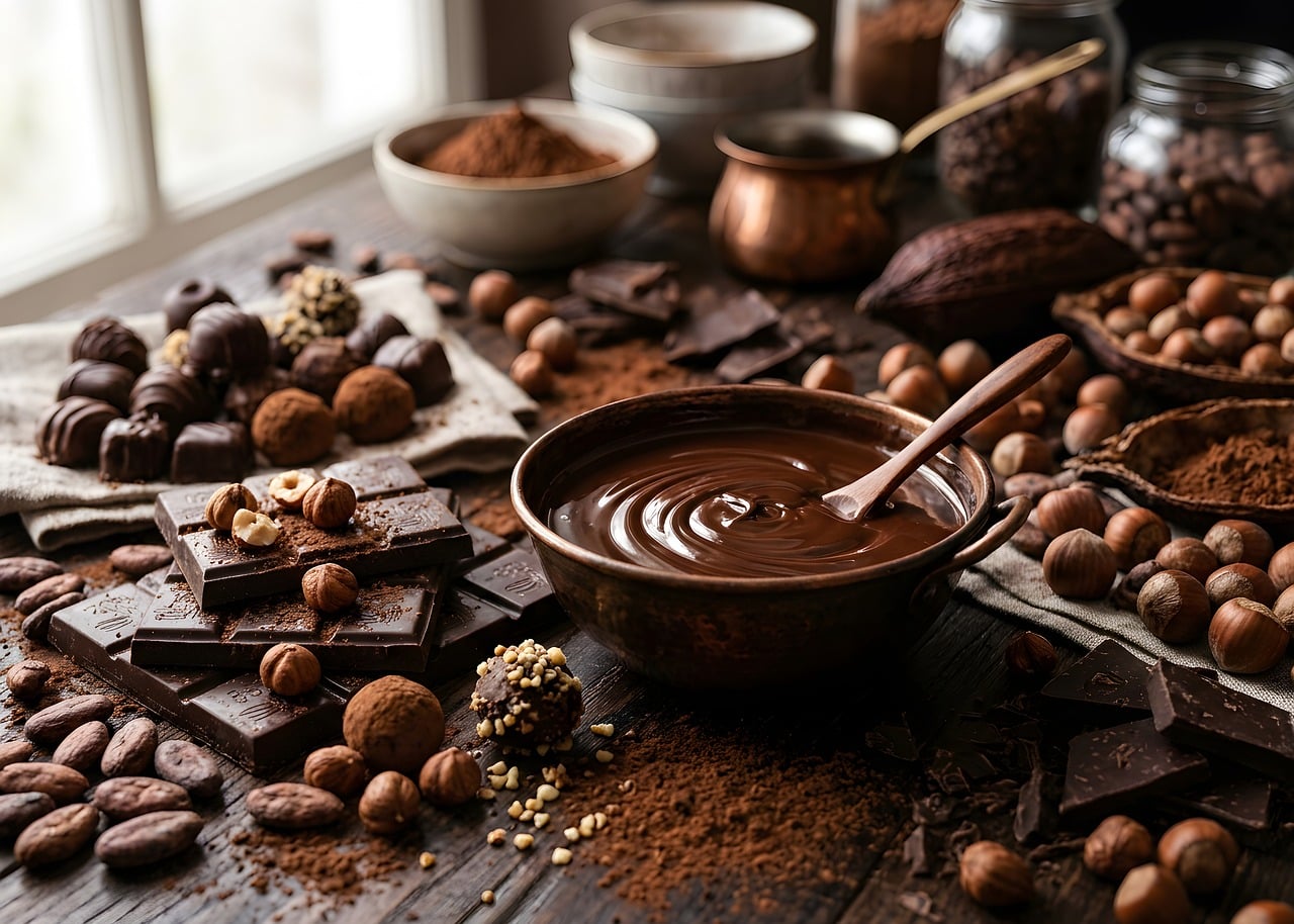 Chocolate derretido numa tigela, pronto para a massa do petit gâteau