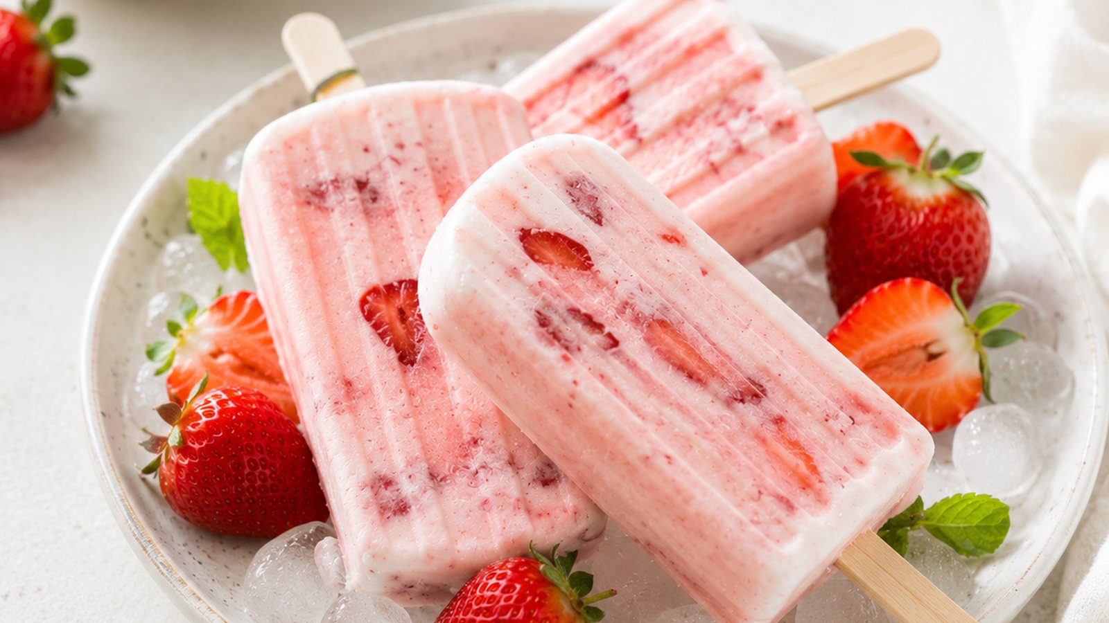 Picolés de iogurte com morango prontos, com pedaços de fruta visíveis