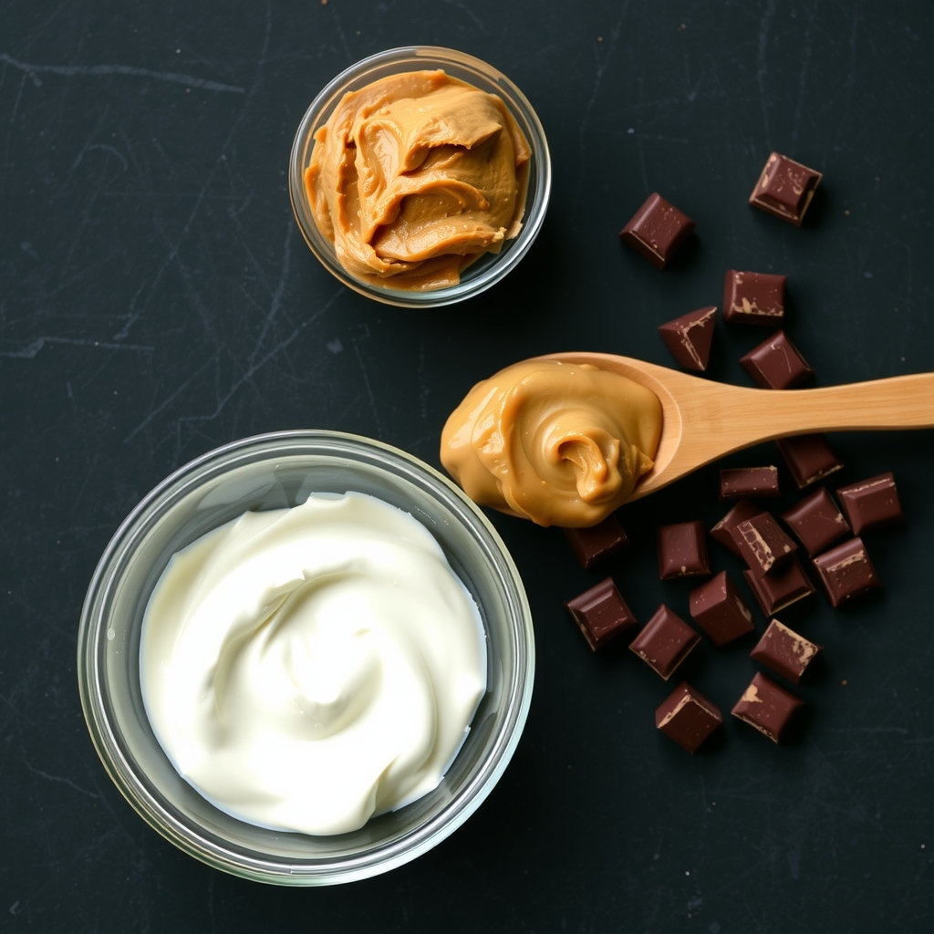 Ingredientes do picolé proteico: iogurte grego, pasta de amendoim e pedaços de chocolate amargo sobre a bancada