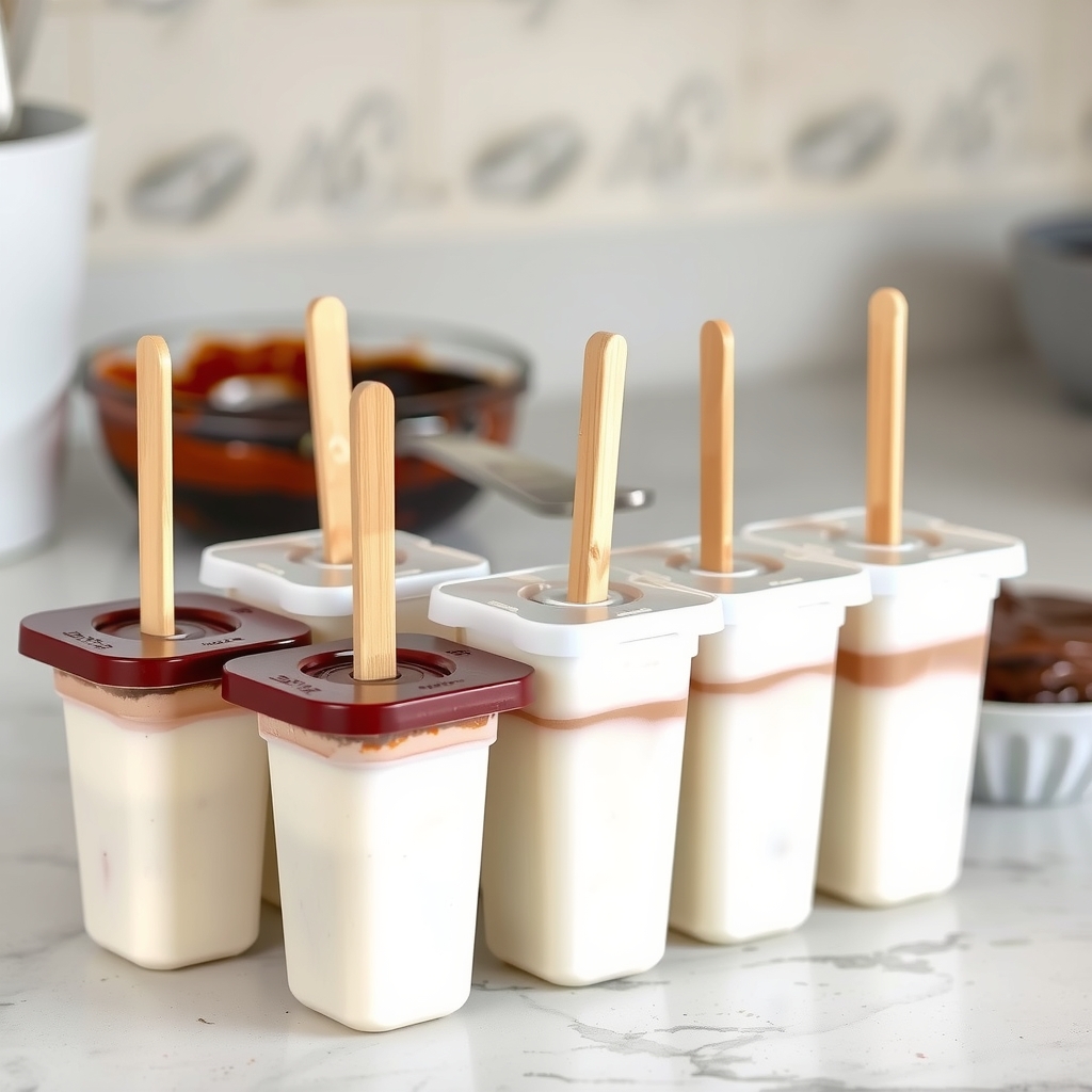 Formas de picolé com a mistura de iogurte já no congelador, palitos encaixados, tigela de chocolate ao fundo