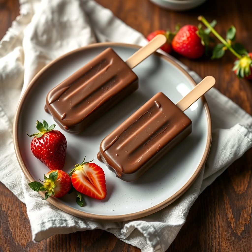 Dois picolés proteicos cobertos de chocolate servidos num prato com morangos frescos ao lado