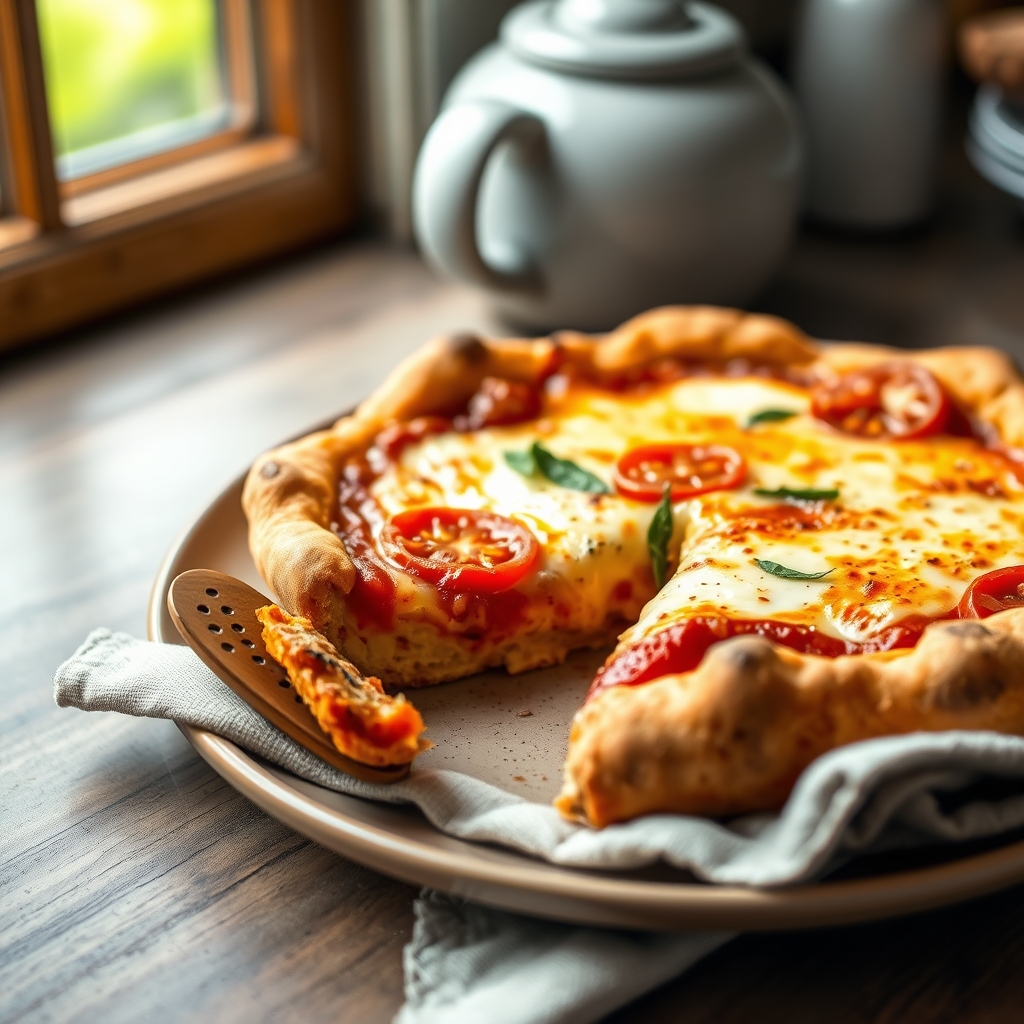 Prato pronto: Pizza de frigideira low carb, servido com uma xícara de café
