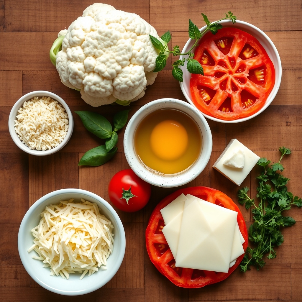 Ingredientes crus da pizza de couve-flor organizados sobre bancada de madeira: couve-flor, queijos ralados, ovo, tomate e mussarela