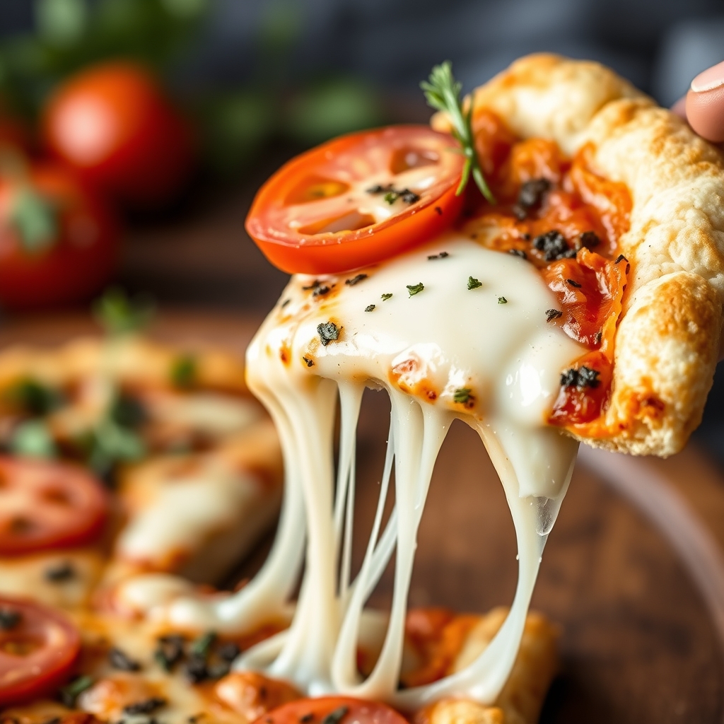 Close-up de fatia de pizza low carb de couve-flor sendo levantada, puxando queijo derretido