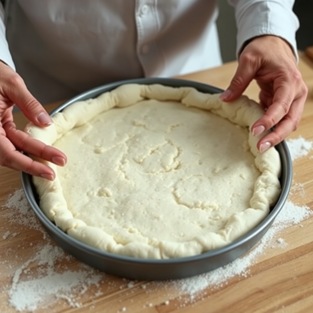 Massa crua de couve-flor sendo moldada à mão dentro de forma redonda de pizza