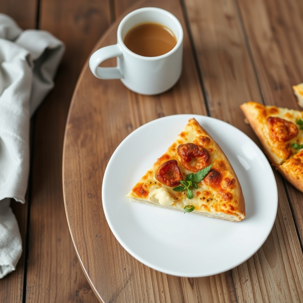 Fatia de pizza low carb de couve-flor servida em prato branco, com xícara de café ao lado