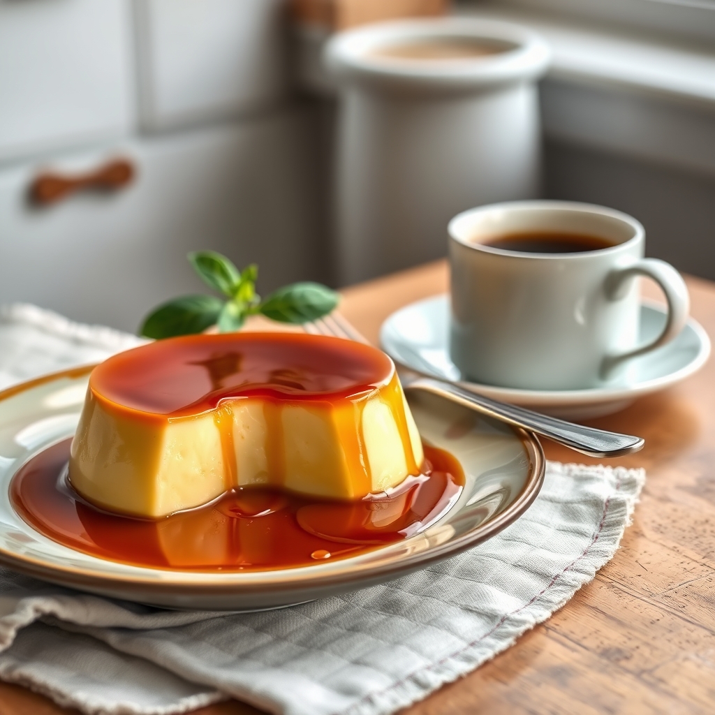 Prato pronto: Pudim flan proteico, servido com uma xícara de café